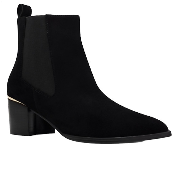 Nine West Honor Black Suede Chelsea Boots Pointed Toe Block Heel